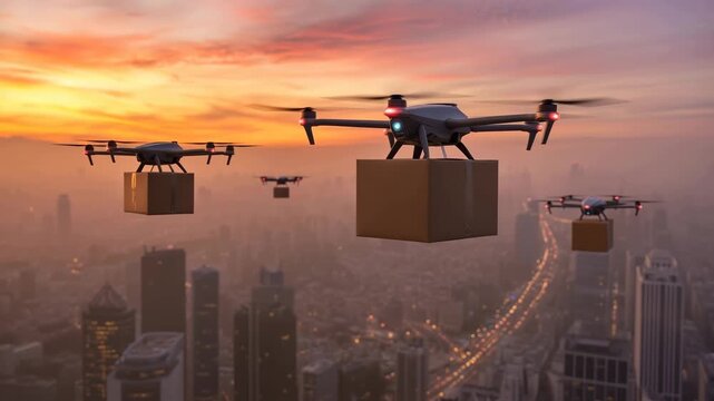 Drones delivering packages over a vibrant cityscape at sunset offering fast modern delivery solutions and showcasing logistics innovation for e-commerce