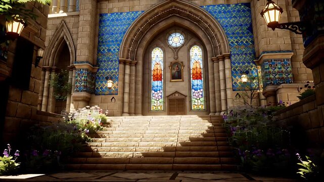 Sunlit Stone Staircase Leading to an Ornate Gothic Revival Cathedral Entrance with Blue Tile Archway