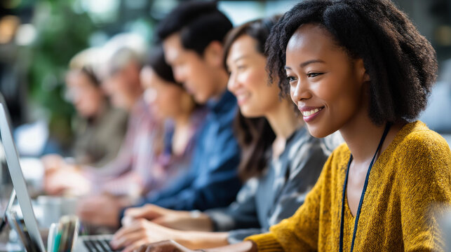 Busy multi ethnic faceless business people working together diverse employees staff collaboration coworking space setting defocused background project team corporate teamwork - Powered by Adobe