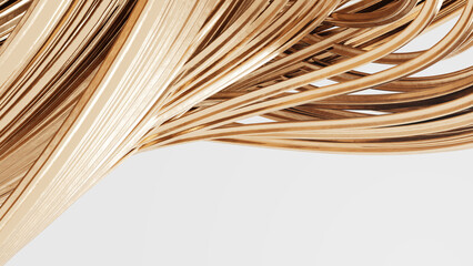 Glossy gold 3D swirl on white background, dynamic, abstract pattern with copy space. 3D render illustration, abstract wallpaper background