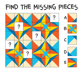 Find the missing piece puzzle. Colorful geometric puzzle for kids. Find the missing tile pieces to complete the star pattern in this fun visual brain teaser.
