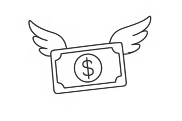Outline dollar bill with wings, portraying money flying away, financial loss, fast spending, and economic freedom. Transparent background