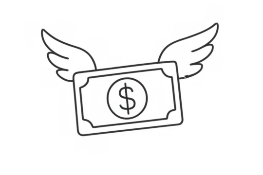 Outline dollar bill with wings, portraying money flying away, financial loss, fast spending, and economic freedom. Transparent background