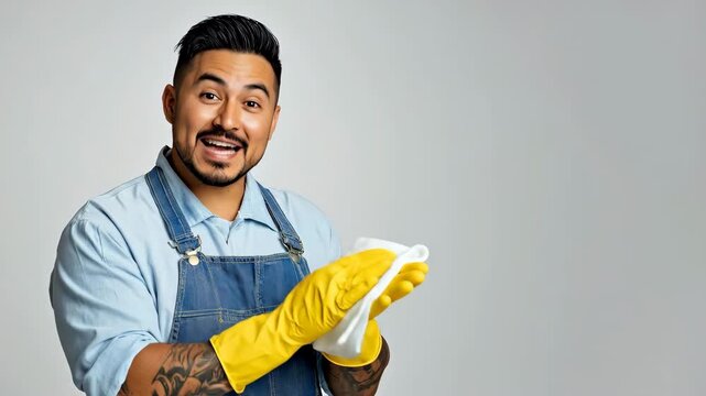 portrait of smiling hispanic cleaner in denim apron and yellow gloves. professional janitor or maintenance worker. cleaning service concept. banner, website header, copyspace.
