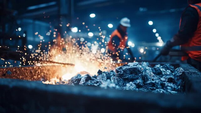 Focused view of workers handling scrap aluminum preparing for melting and casting into new ingots underlining ecoconscious metal recycling efforts