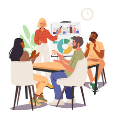 Team congratulating female colleague finished presentation of new business project cartoon scene