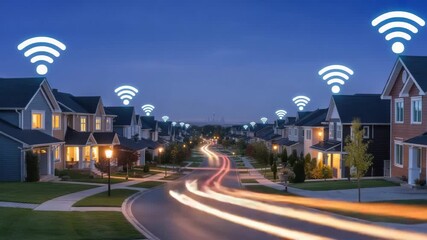 Connected suburban neighborhood boasts blazing fast internet speeds with streaming light trails emphasizing high speed connectivity and smart home technology - Powered by Adobe