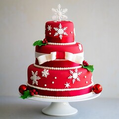 Festive red christmas cake with snowflakes and holly