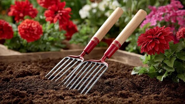 Closeup of soil aeration with garden tools in a suburban backyard prepping flower bed terrain for seasonal plant thriving.