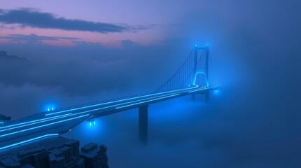 Elevated bridge with blue lights piercing through clouds at twilight scenery