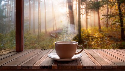 Peaceful Autumn Morning In Misty Forest Steaming Cup Of Coffee On Rustic Wooden Cabin Porch Cozy Fall Retreat Nature Connection Self Care Slow Living Nature Escape Digital Detox Eco Lifestyle