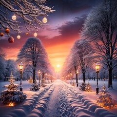 A snowy path lined with trees and glowing street lamps under a vibrant sunset. Baubles hang from branches, adding a festive touch.  (Gen, A.I)