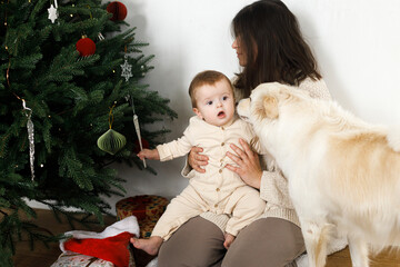 Happy family sitting under decorated festive tree with christmas gifts and dog. Merry Christmas and Happy Holidays ! Mother and baby son in unpacking together xmas presents