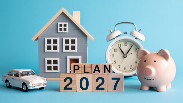 Secure your future with smart financial planning for 2027, visualizing home, car, savings, and time management for success. - Powered by Adobe