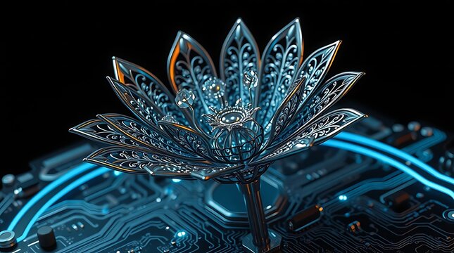 A metallic digital lotus flower on a circuit board, futuristic technology art
