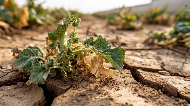 Cracked Land and Wilting Plants Caused by Severe Drought