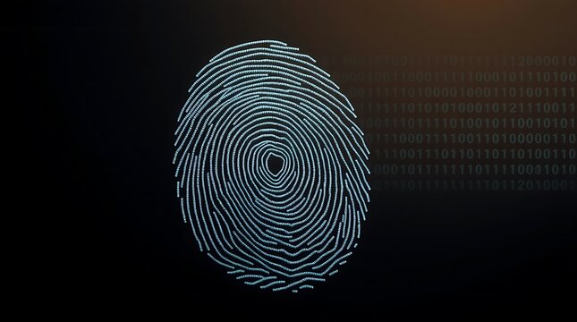 Digital fingerprint with binary code on a dark background for security
