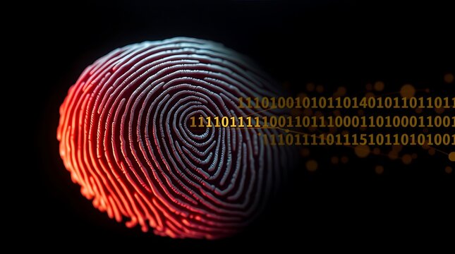 Red digital fingerprint with binary code on a black background concept