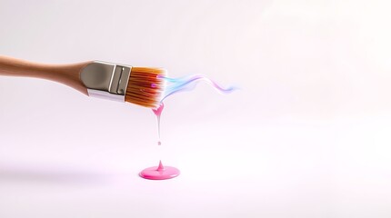 Paintbrush with pink paint dripping isolated on white background, art concept