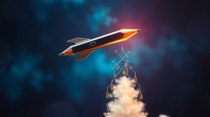 Pencil rocket launching into space with smoke and clouds in the background
