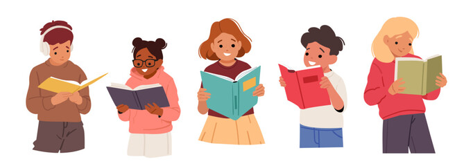 Smart children cartoon girl and boy characters reading classic traditional paper books isolated set