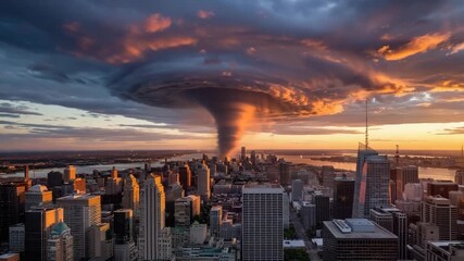 Dramatic tornado footage swirling over city skyline at sunset creates a powerful sense of impending doom and environmental crisis in urban landscape