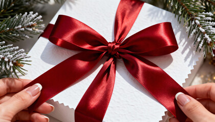 Woman's hands tying a red satin ribbon on a white Christmas gift box. Close-up of holiday present preparation with festive decorations