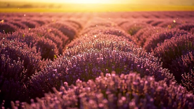 Sunset over a vast lavender field with winding rows of purple blossoms