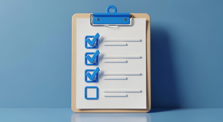 A 3D rendering of a light brown clipboard with a bright blue plastic clip, holding a white sheet of paper with checkmarks and objectives. 