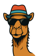 Obraz premium A stylish camel wearing a funky hat and sunglasses stands against a yellow backdrop