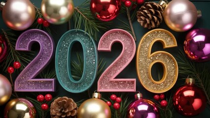 Sparkling 2026 new year celebration with festive ornaments twinkling in the light, creating a magical holiday atmosphere for upcoming festivities - Powered by Adobe