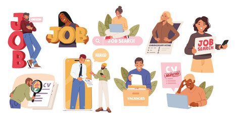People searching for jobs online, creating and submitting resumes for career advancement set