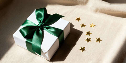 Elegant white gift box with a green ribbon and bow for Christmas. Holiday celebration present with gold stars on a textured background. Copy space for text