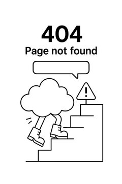 A surreal cloud in boots confronting a stair obstacle, rendered in black and white as a 404 flash message; a monochrome empty-state UI design; a cartoon image for a page-not-found popup; and a vector