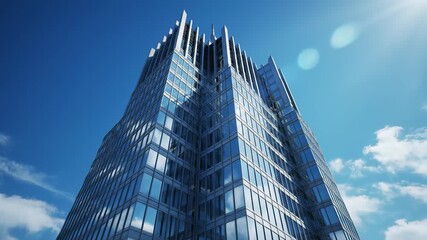 Modern cityscape with sleek facade and clock tower gleaming against bright blue sky, capturing the concept of precision, timing, and global connectivity, perfect for use as a background or. - Powered by Adobe