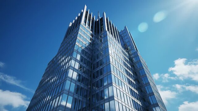 Modern cityscape with sleek facade and clock tower gleaming against bright blue sky, capturing the concept of precision, timing, and global connectivity, perfect for use as a background or. - Powered by Adobe