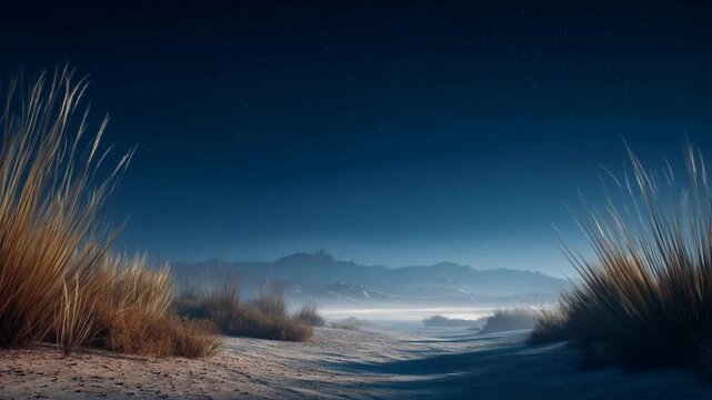 Serene desert landscape with tall grass and starry night sky