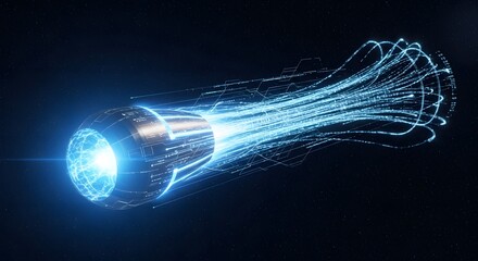 Futuristic data stream emanating from a server core in deep space, digital network concept