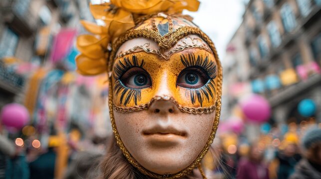Ornate Carnival Mask in Festive Street Setting