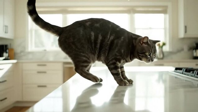 A tabby cat stretches in a bright kitchen with cabinets and stainless appliances nearby