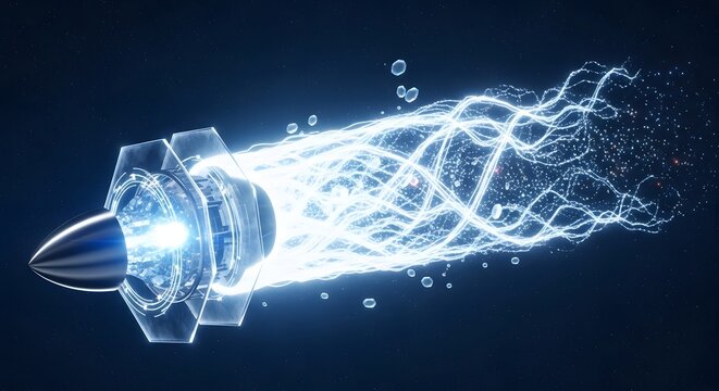 Futuristic spacecraft engine glowing with energy trails against a dark starry space background.