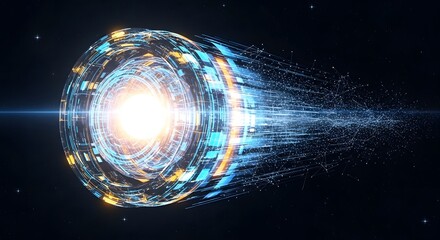Futuristic data stream, digital network core, glowing energy burst, abstract technology concept in deep space.