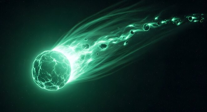Fiery green comet streaking across a dark starry night sky, cosmic event, dramatic impact