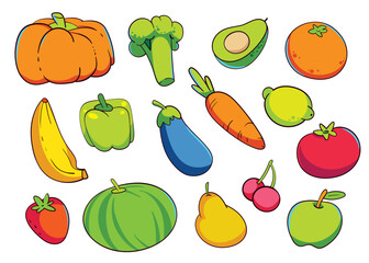Colorful cartoon fruits and vegetables collection. Cute hand-drawn food set including pumpkin, banana, carrot, tomato, pear, watermelon, and avocado. Healthy eating illustration on white background