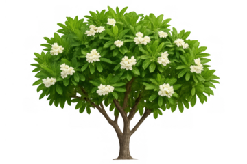 Flowering plant with vibrant green leaves and numerous white blossoms isolated on transparent background