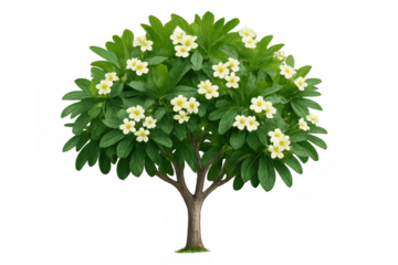 Frangipani plumeria tree with yellow blooming flowers and green leaves on transparent background, tropical plant