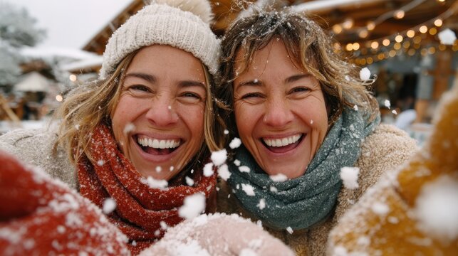 Happy family enjoying snow in winter