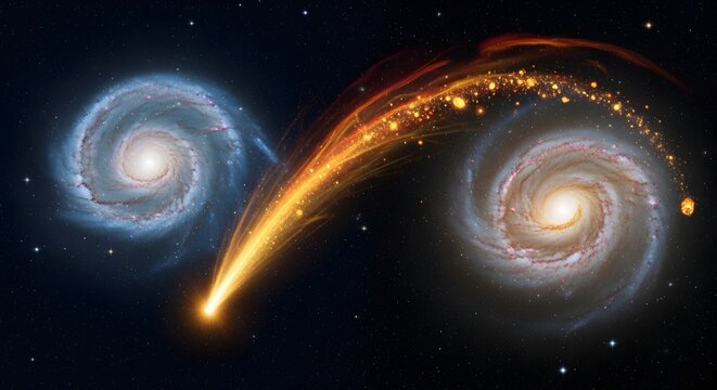 Dramatic cosmic event featuring colliding spiral galaxies and a bright comet streaking through space - Powered by Adobe