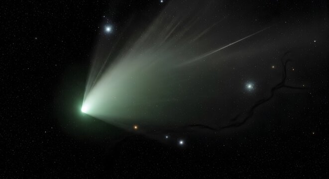 Dramatic comet streaking across a starry night sky, celestial wonder, space exploration, cosmic event - Powered by Adobe