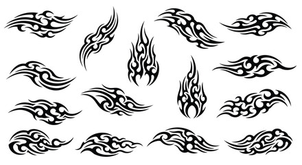 Collection of tribal tattoo designs isolated on, featuring various flame and wave patterns